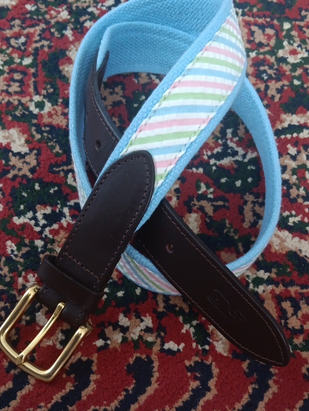 Vineyard Vines Brown Leather Belt with Pastel Multi-Stripe Fabric